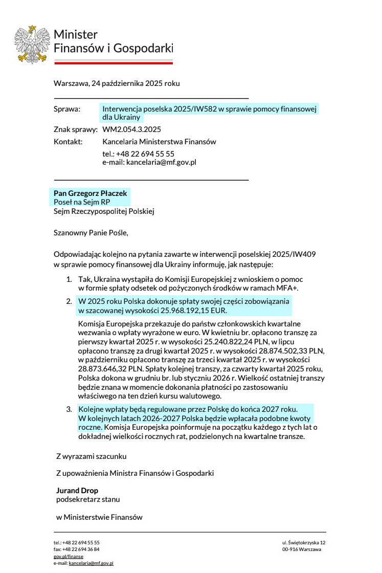 We will be paying back all the time... Ukrainian loan! PLN 100 million per year!