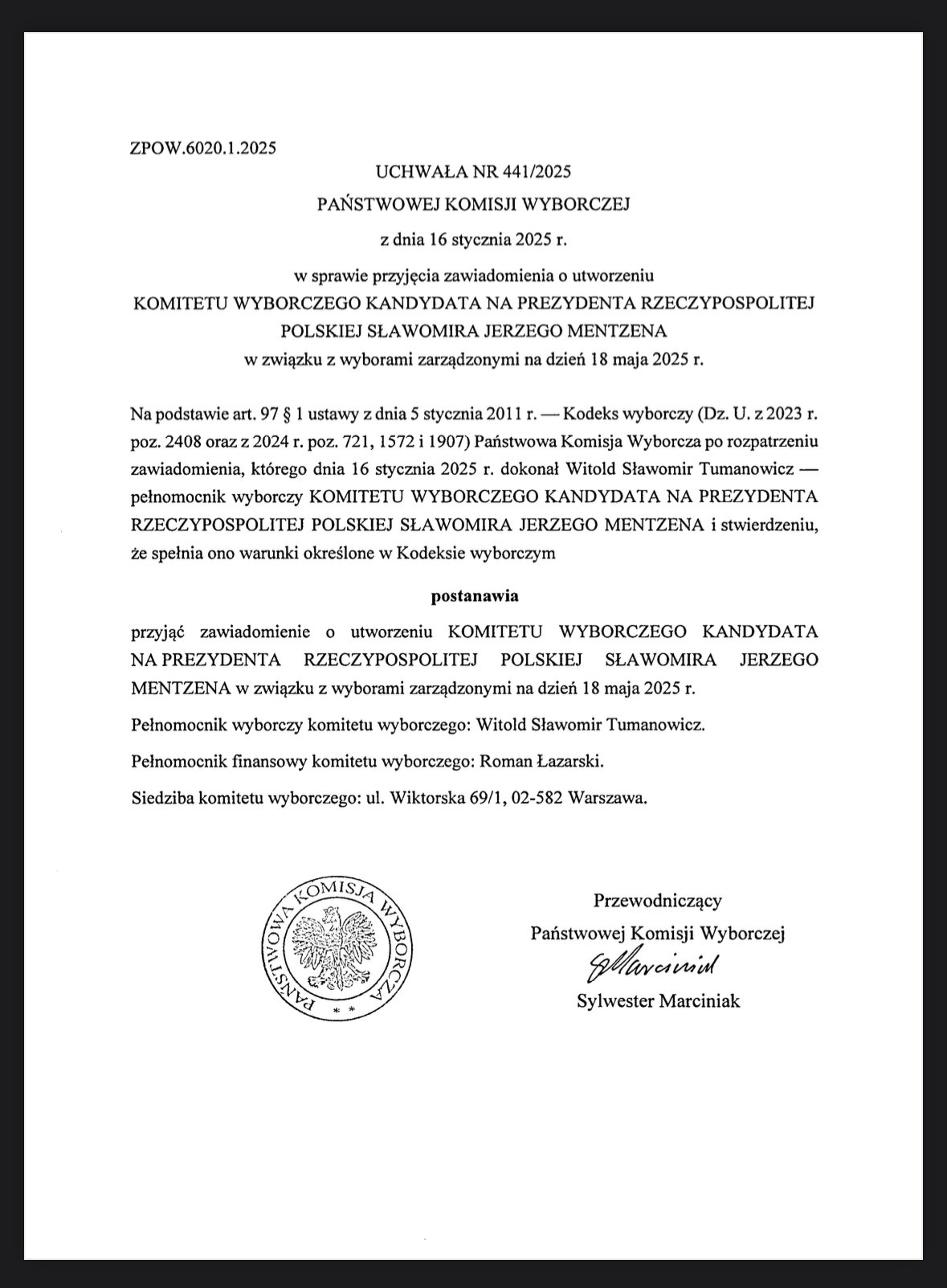 Sławomir Mentzen&#39;s election committee was the first to be registered!